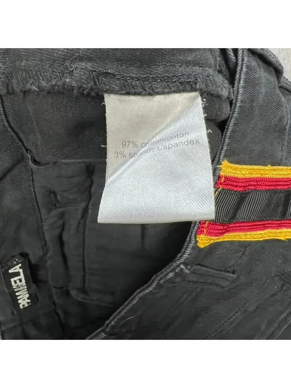Pam & Gela Racing Stripe Step Hem Jeans Black Red Yellow Side Stripe Womens 25